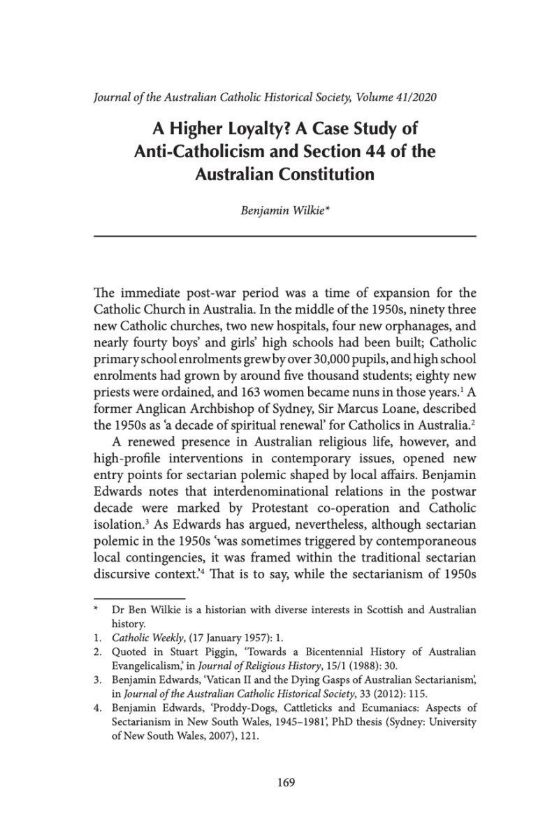 Benjamin Wilkie, A Higher Loyalty? A Case Study of Anti-Catholicism and ...